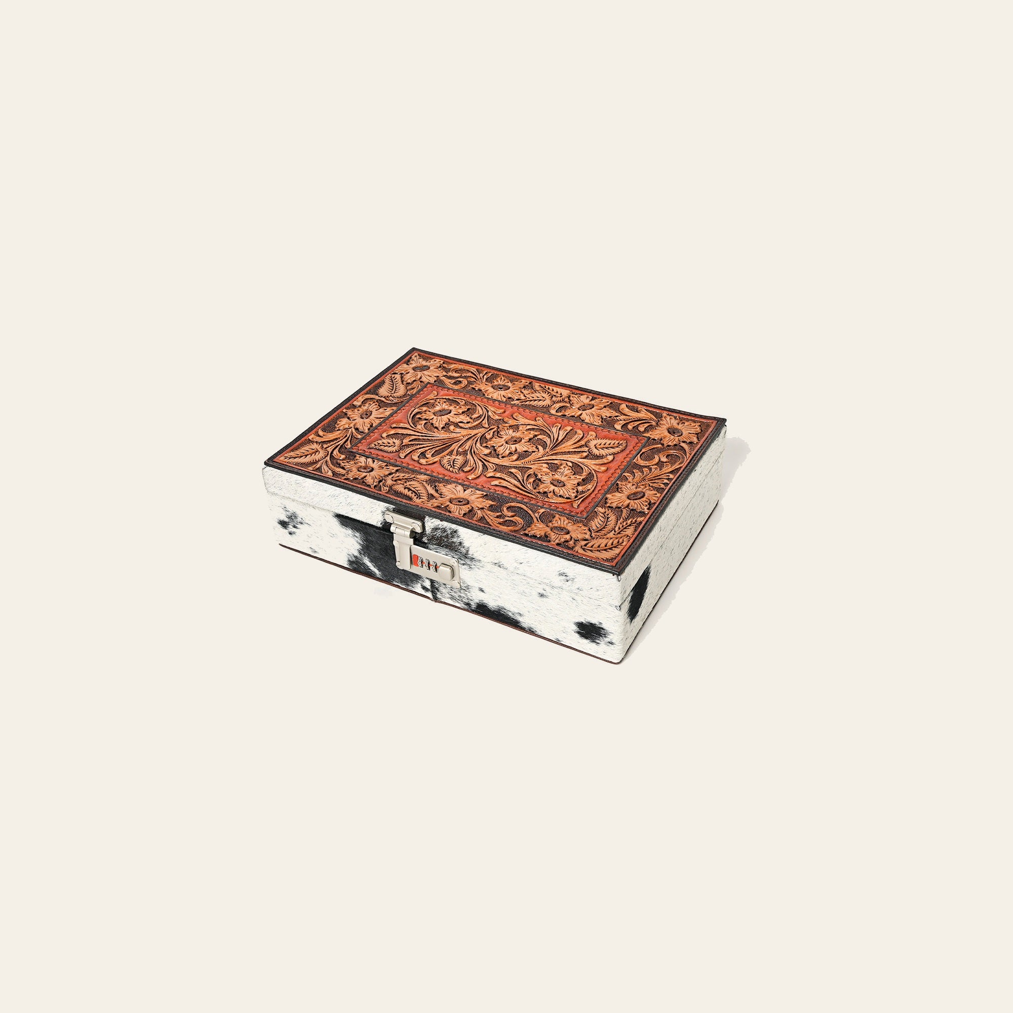 American Darling Hair-On Cowhide Hand Tooled Floral Carved Leather Jewelry Case Genuine Western Leather with YKK Zipper