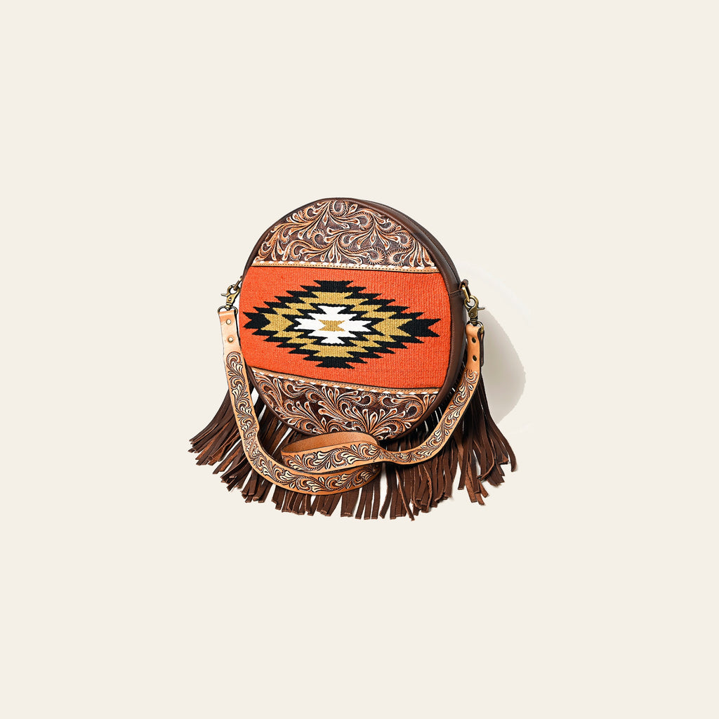 American Darling Hand Woven Saddle Blanket Canteen Bag Hand Tooled Leather Fringes Vegetable-Tanned Genuine Leather Western Crossbody YKK Zipper