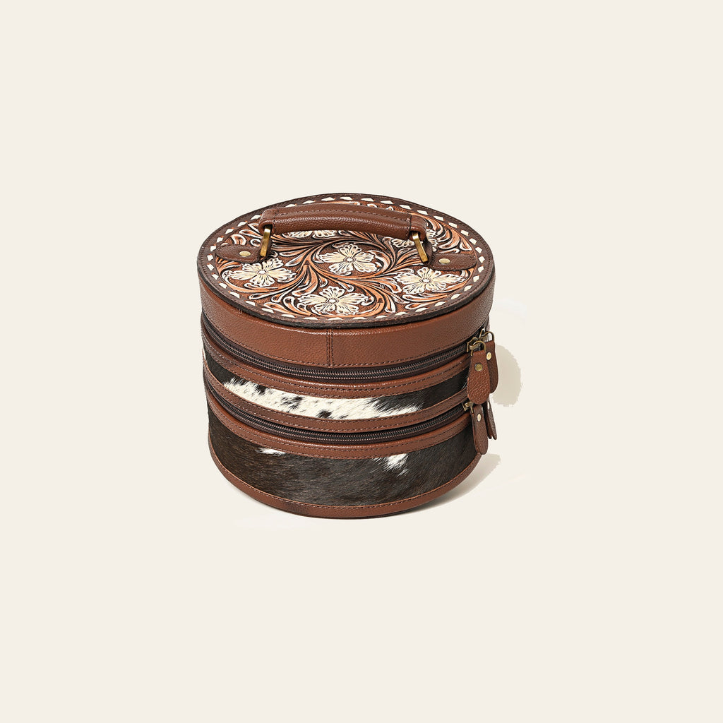 American Darling Western Leather Jewelry Case - Hand Tooled Floral Carved Full Grain Vegetable-Tanned Hair-On Cowhide Organizer