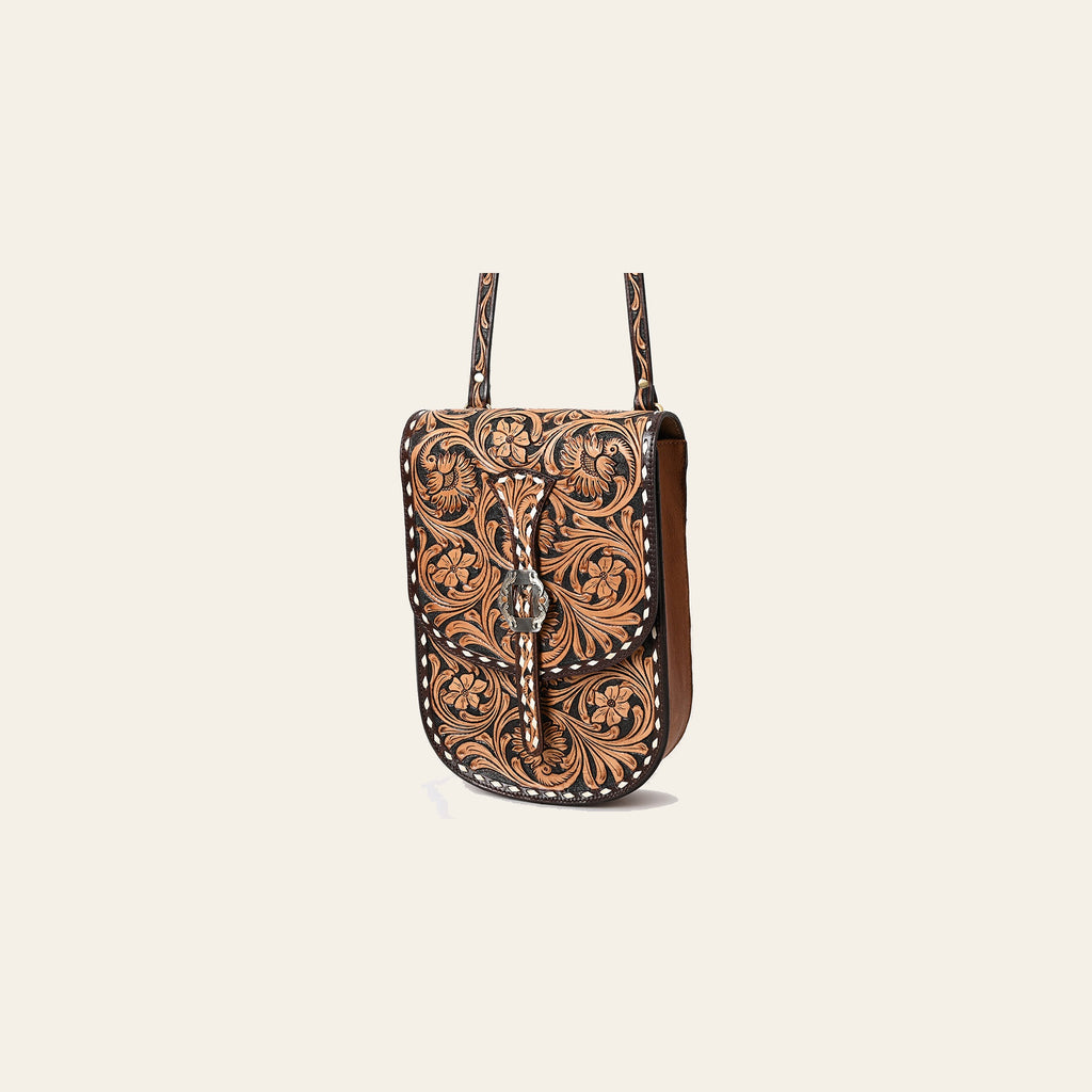 American Darling Western Leather Messenger Bag - Eco-Friendly Vegetable Tanned Full Grain Leather Hand Tooled Floral Carved Purse
