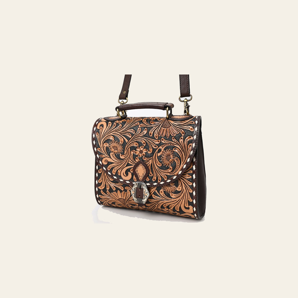 American Darling Western Leather Messenger Bag - Eco-Friendly Vegetable Tanned Full Grain Leather Hand Tooled Floral Carved Purse