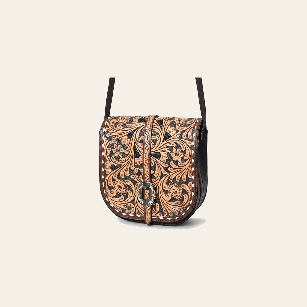 American Darling Western Leather Small Cross body Bag - Eco-Friendly Vegetable Tanned Full Grain Leather Hand Tooled Floral Carved Purse