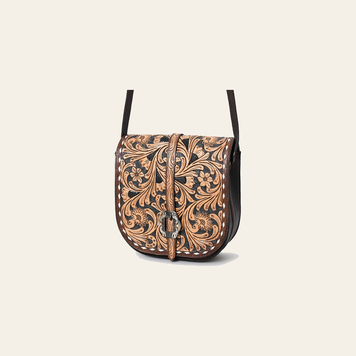 American Darling Western Leather Small Cross body Bag - Eco-Friendly Vegetable Tanned Full Grain Leather Hand Tooled Floral Carved Purse