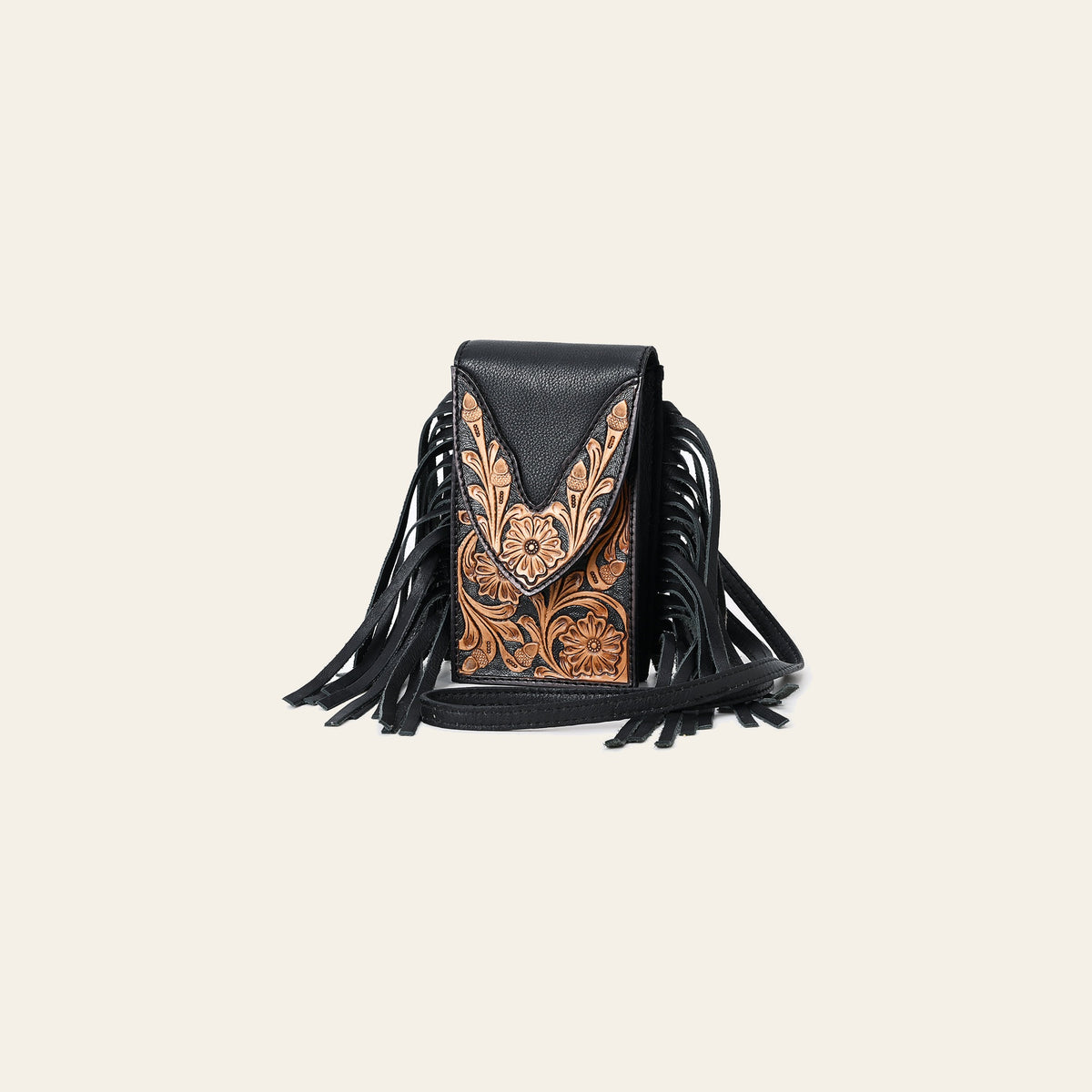 American Darling Western Leather Cell Phone Holder - Eco-Friendly Full Grain Leather Hand Tooled Floral Carved Fringe Case