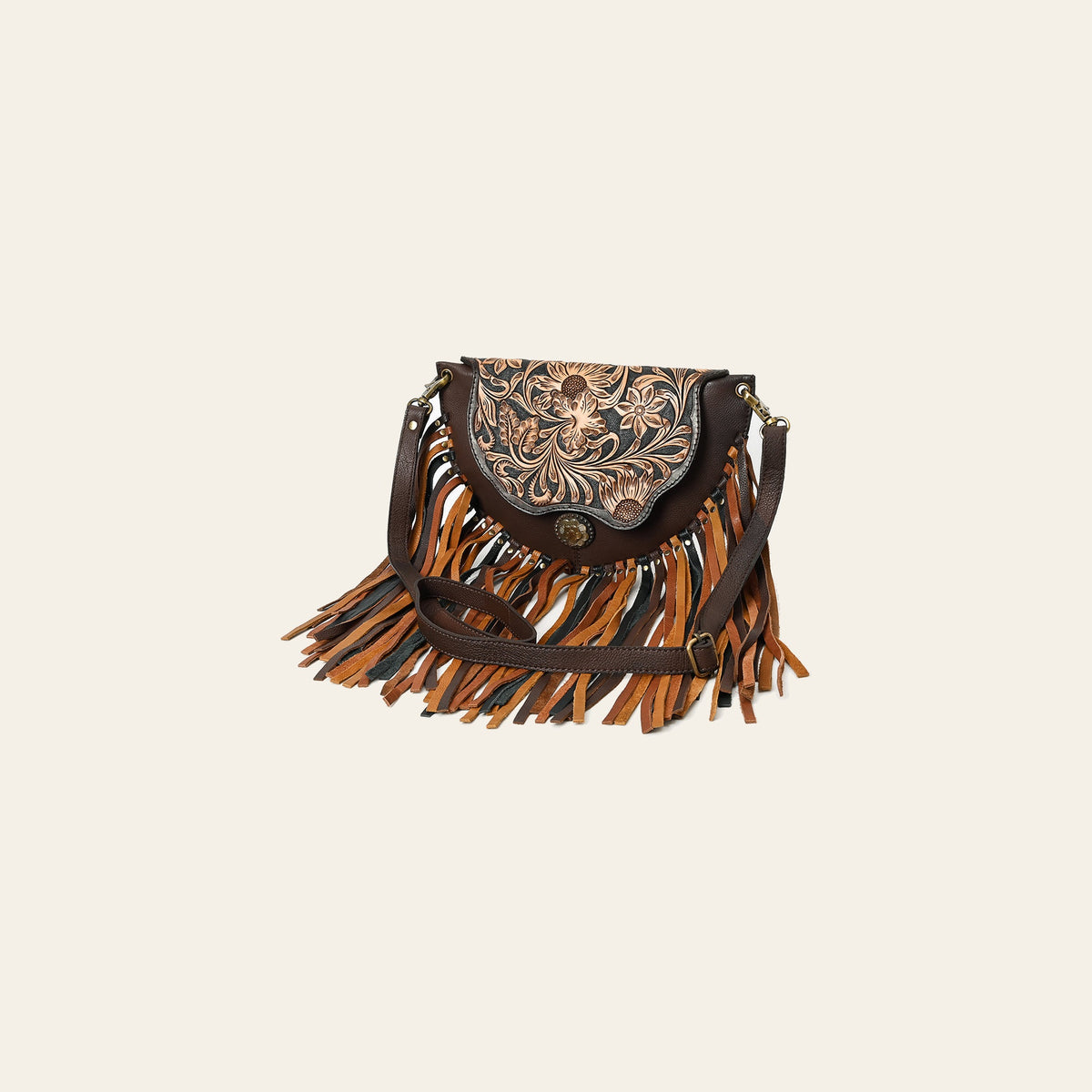 American Darling Western Leather Small Cross body Bag - Eco-Friendly Full Grain Leather Hand Tooled Floral Purse With Fringes