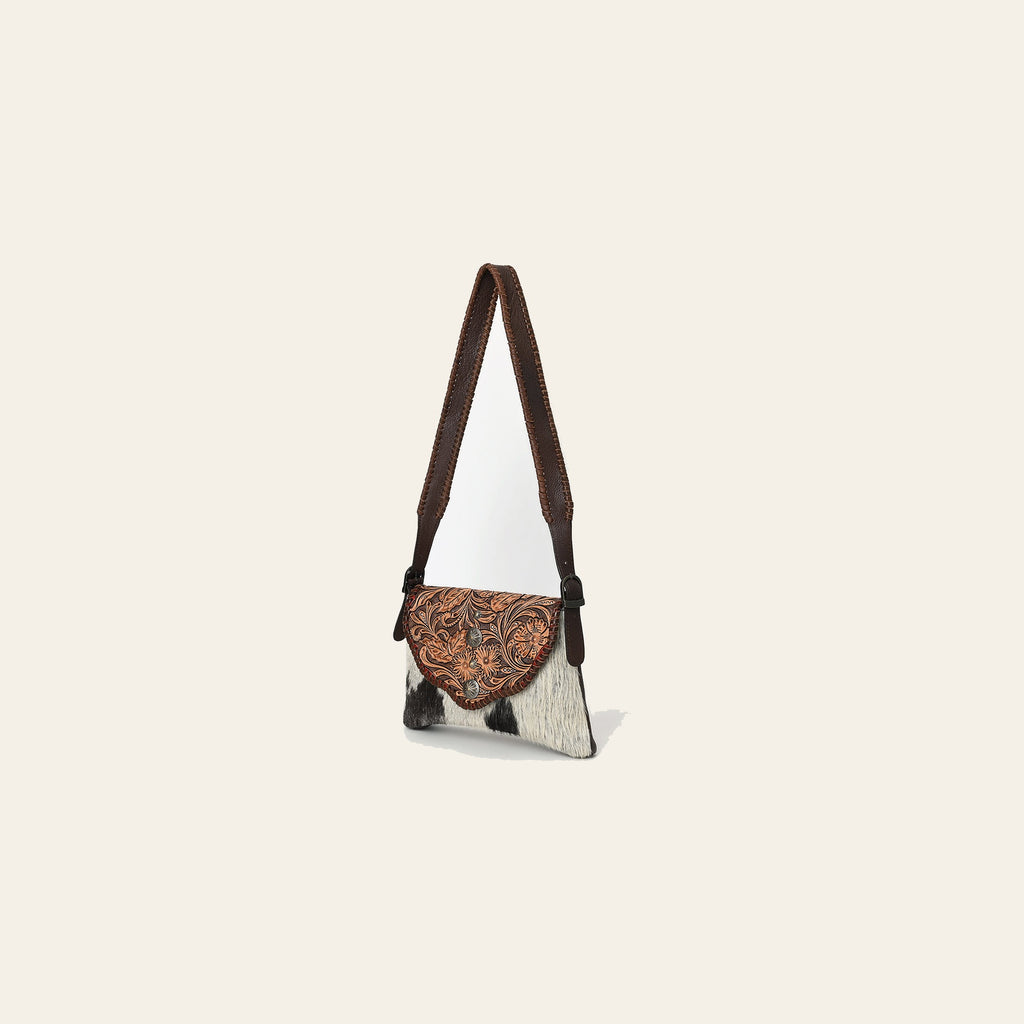 American Darling Hand Tooled Floral Carved Hair-On Cowhide Small Cross body Bag Braided Genuine Leather Western Purse