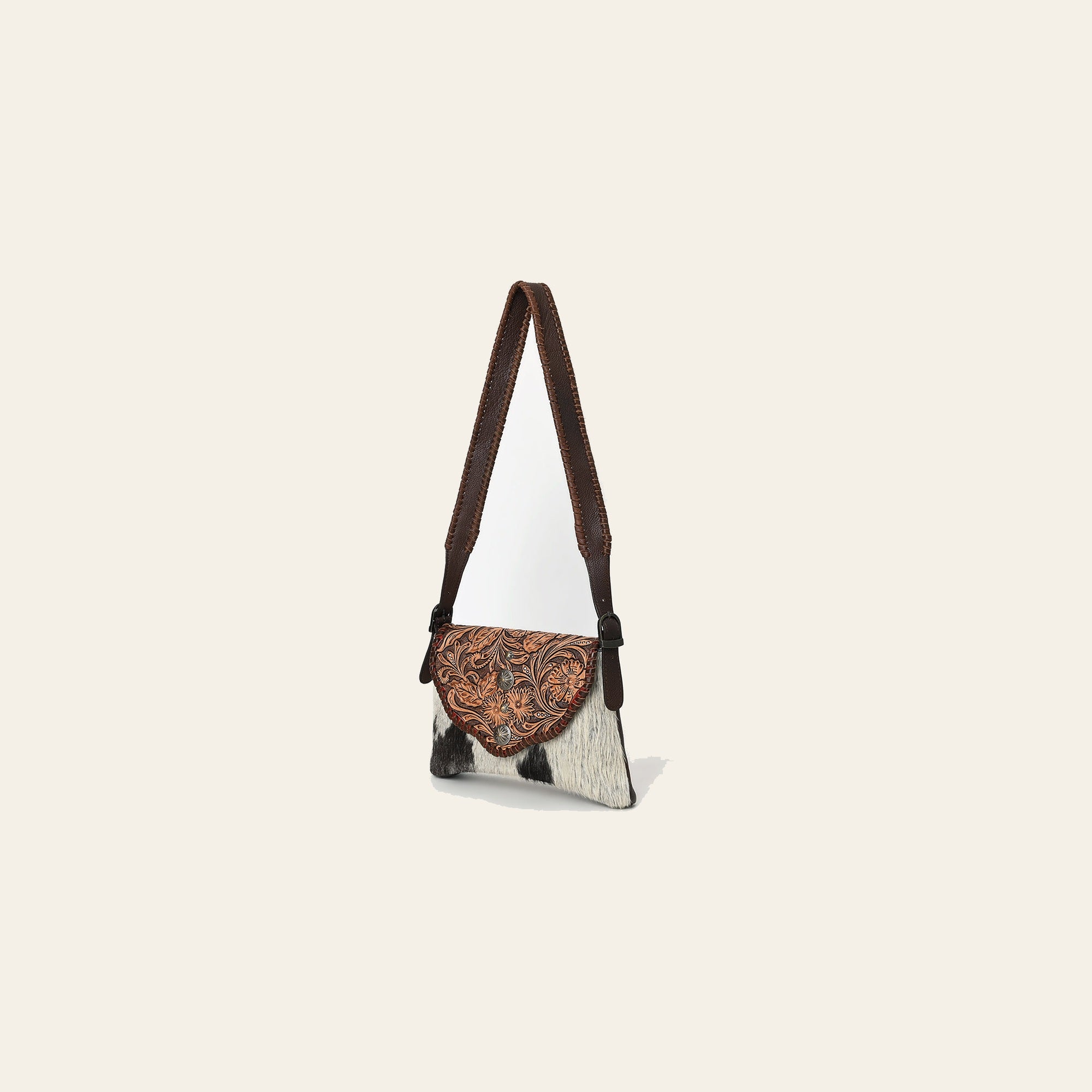 American Darling Hand Tooled Floral Carved Hair-On Cowhide Small Cross body Bag Braided Genuine Leather Western Purse