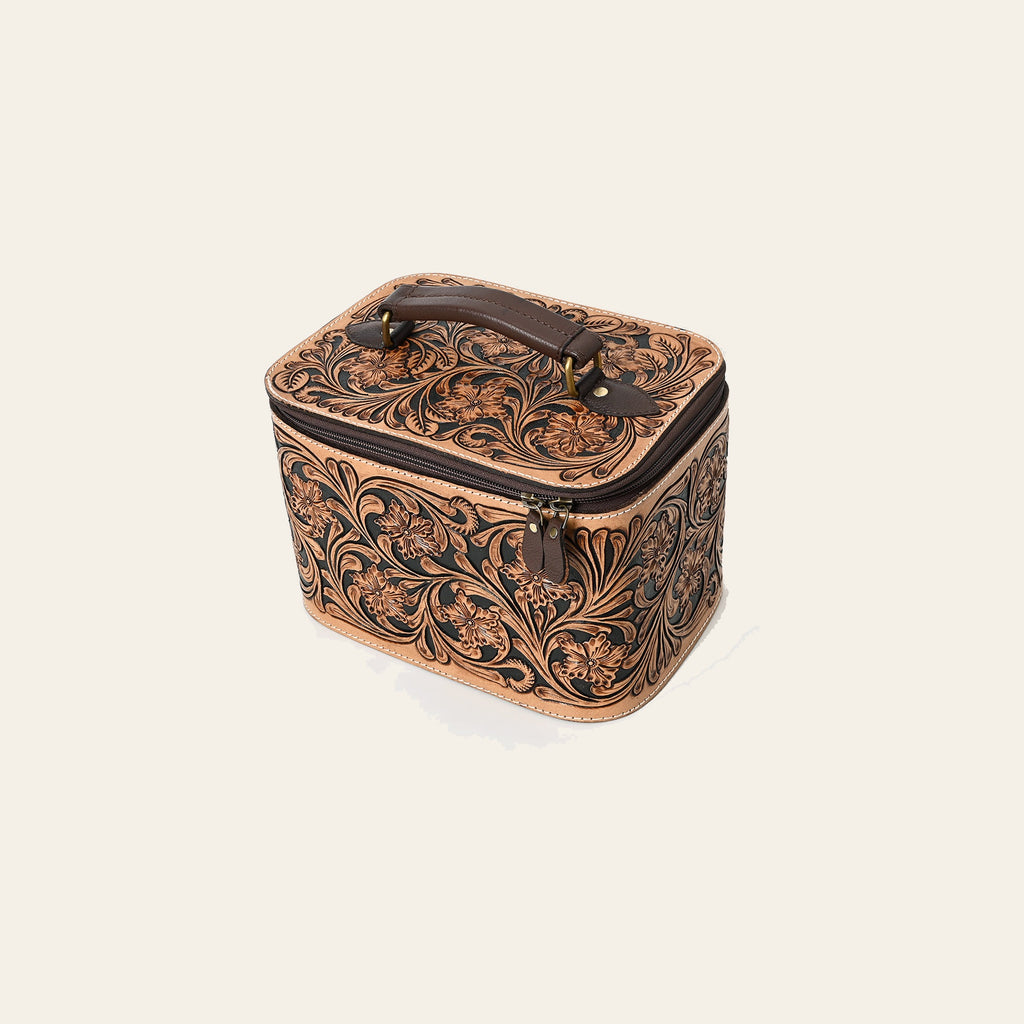 American Darling Women's Hand Tooled Floral Carved Genuine Leather Jewelry case Eco-Friendly Travel Organizer YKK Zipper