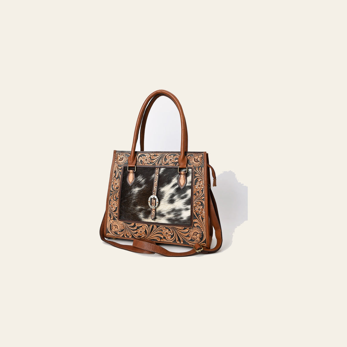 American Darling Women's Hand Tooled Floral Carved Hair-On Cowhide Genuine Leather Tote Bag Eco-Friendly YKK Zipper