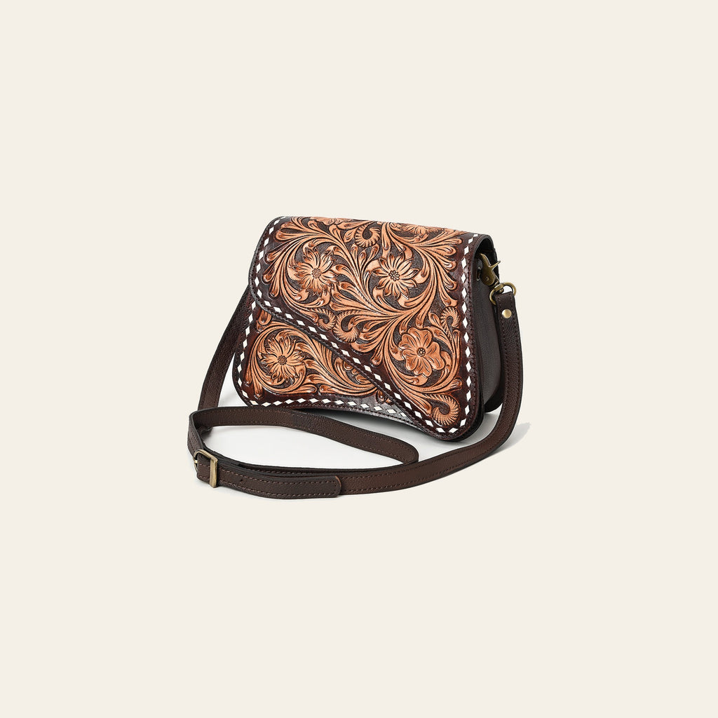 American Darling Women's Hand Tooled Floral Carved Genuine Leather Cross body Bag Buck Stitched Eco-Friendly Purse