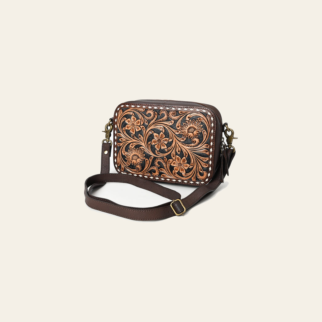 American Darling Camera Bag - Buck Stitched Floral Carved, Eco-Friendly Vegetable Tanned Genuine Leather, Tooled Crossbody