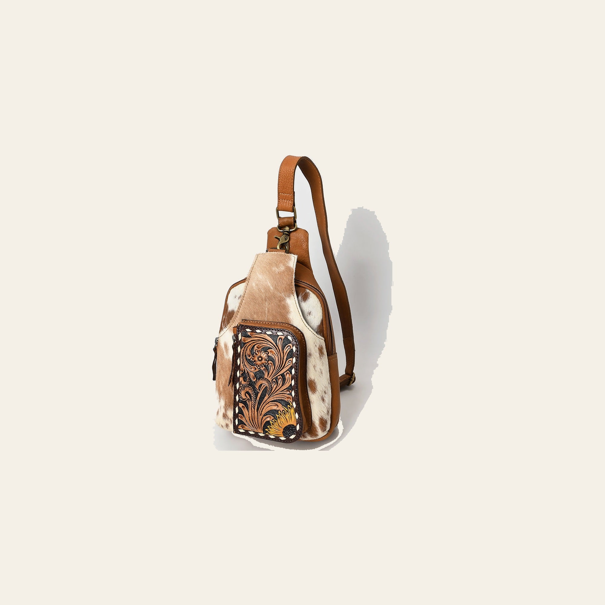 American Darling Sling Bag - Buck Stitched Floral Carved, Hair-On Cowhide, Eco-Friendly Vegetable Tanned Genuine Leather