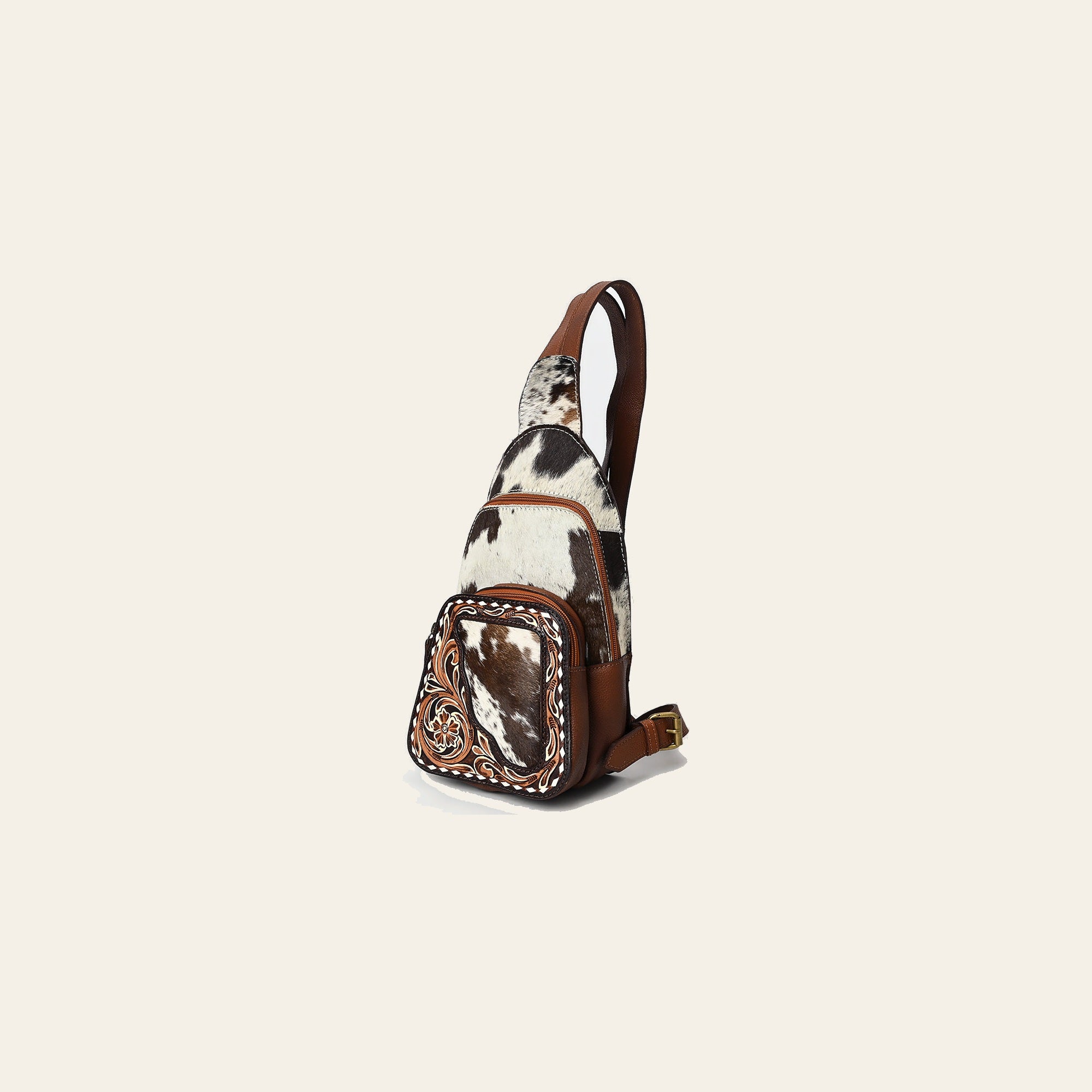 American Darling Sling Bag - Buck Stitched Floral Carved, Hair-On Cowhide, Eco-Friendly Vegetable Tanned Genuine Leather