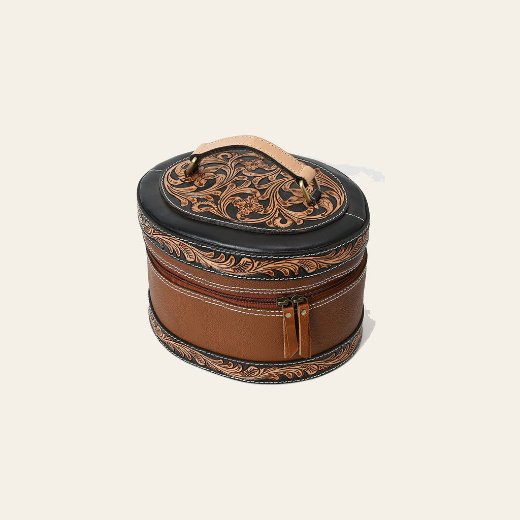 American Darling Hand Tooled Floral Carved Vegetable-Tanned Full Grain Genuine Leather Jewelry Case with YKK Zipper