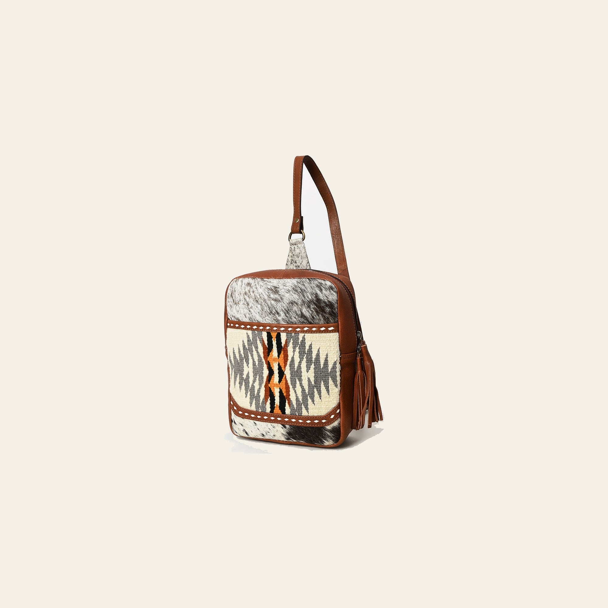American Darling Hand Woven Saddle Blanket & Hair-On Cowhide Vegetable-Tanned Genuine Leather Sling Bag with YKK Zipper
