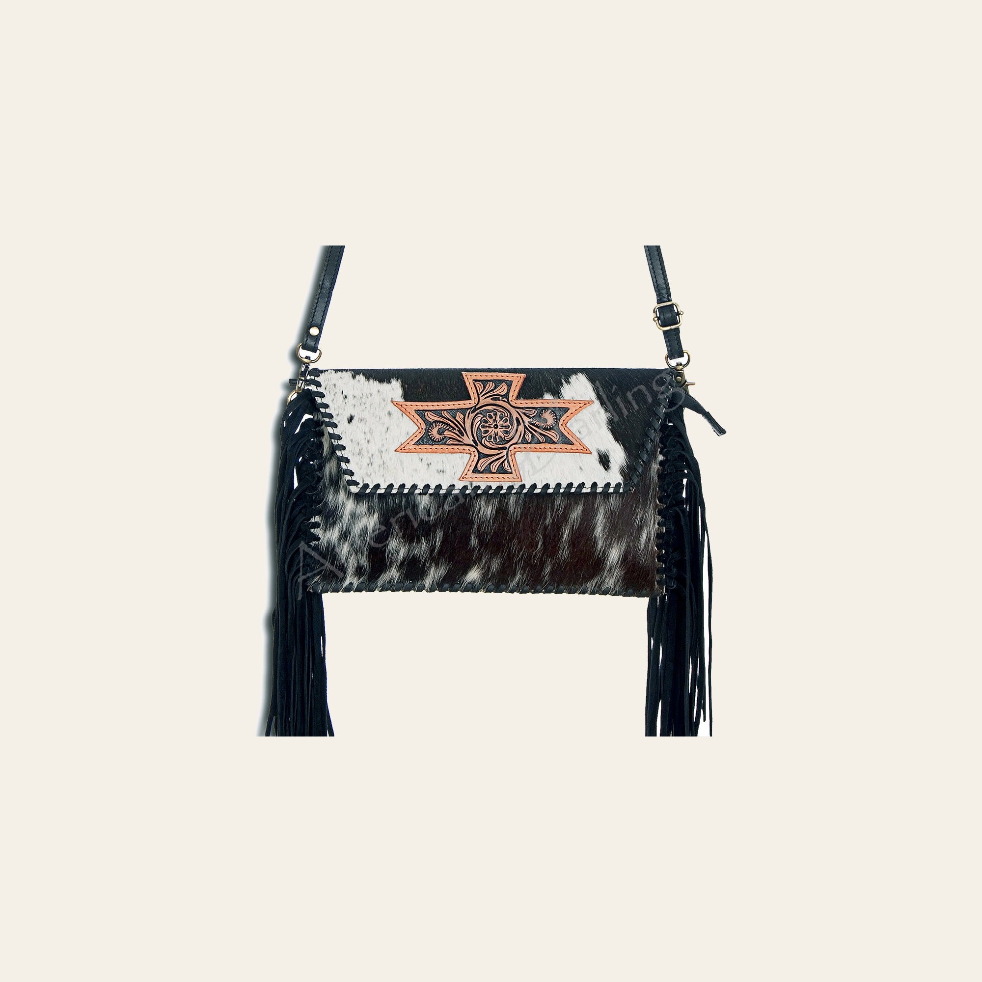 American Darling Western Envelope Bag, Hand Tooled Floral Leather & Hair-On Cowhide Crossbody with Fringes, 7in (H) X 12in (W)