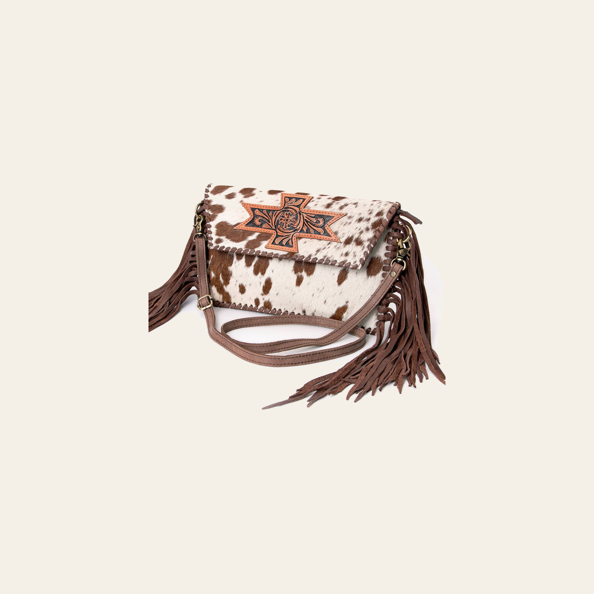 American Darling Western Envelope Bag, Hand Tooled Floral Leather & Hair-On Cowhide Crossbody with Fringes, 7in (H) X 12in (W)