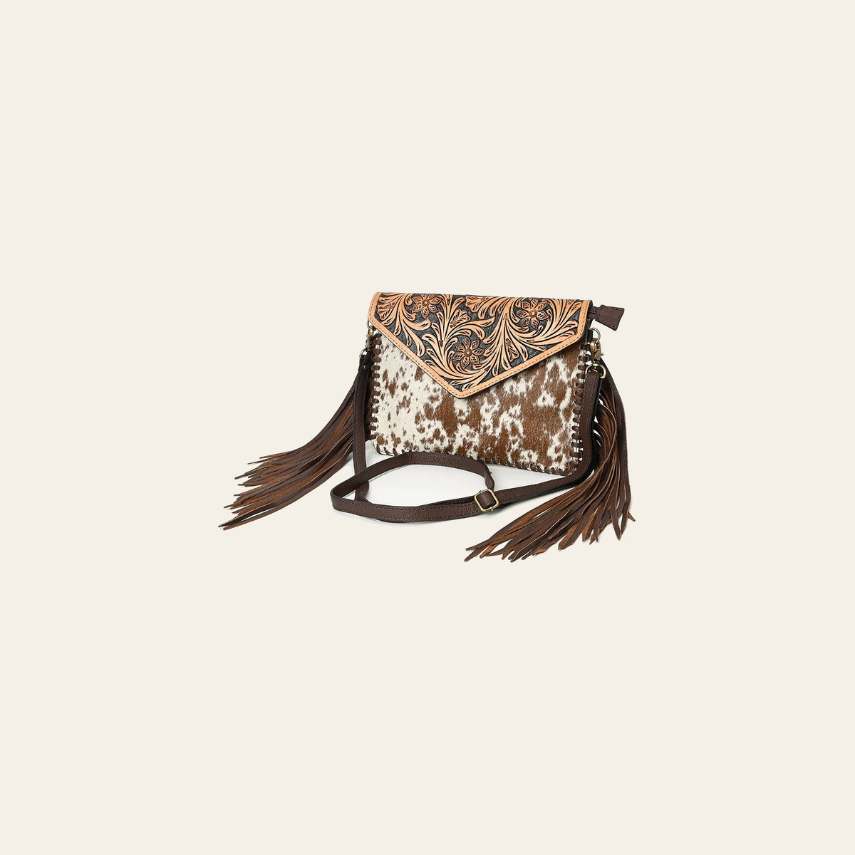 American Darling Western Envelope Crossbody, Hand Tooled Floral Leather & Hair-On Cowhide with Fringes, 8in (H) X 11in (W)