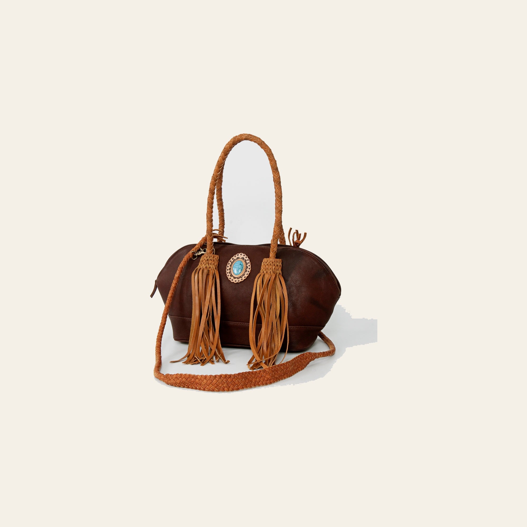 American Darling Tote Bag, Genuine Vegetable-Tanned Leather, Braided Trim with Fringes & Turquoise Stone, Western Handbag