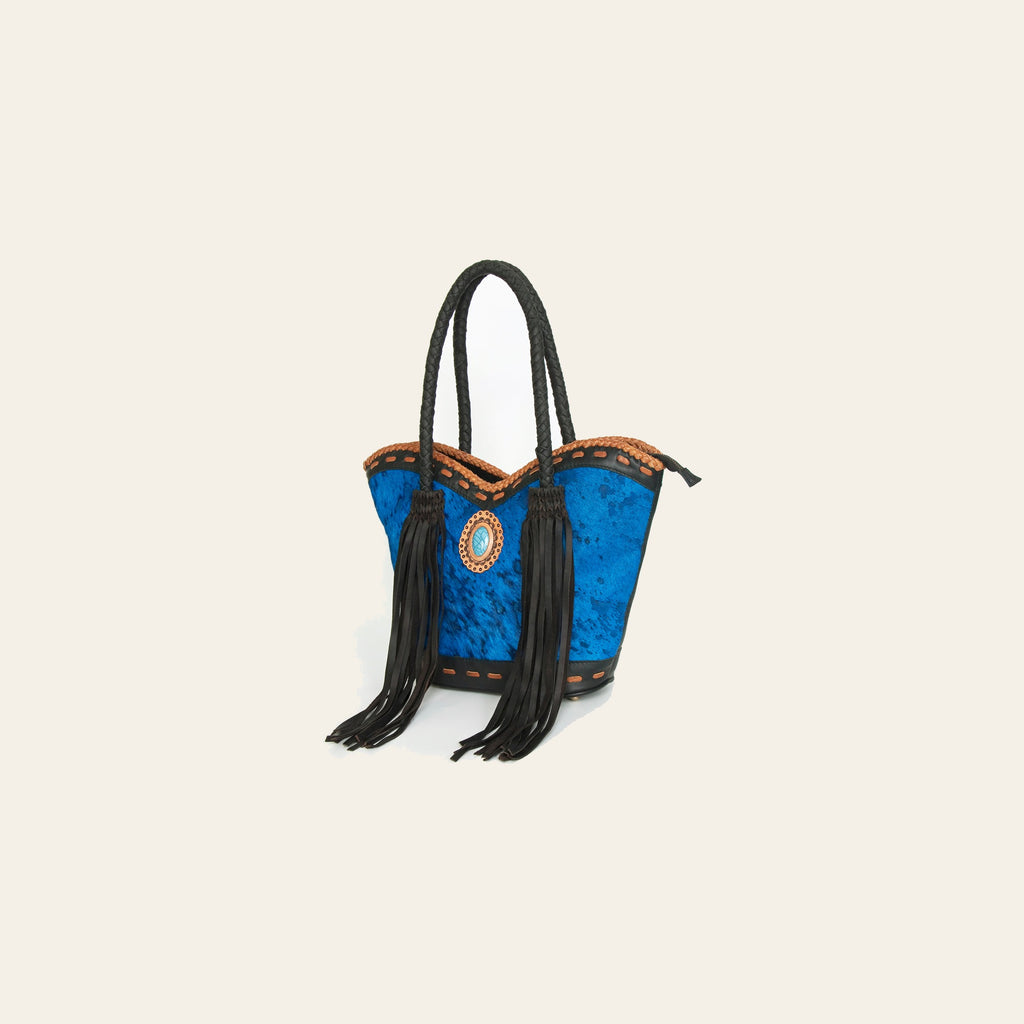 American Darling Tote Bag, Genuine Vegetable-Tanned Leather, Hair-On Cowhide with Fringes & Turquoise, Western Handbag