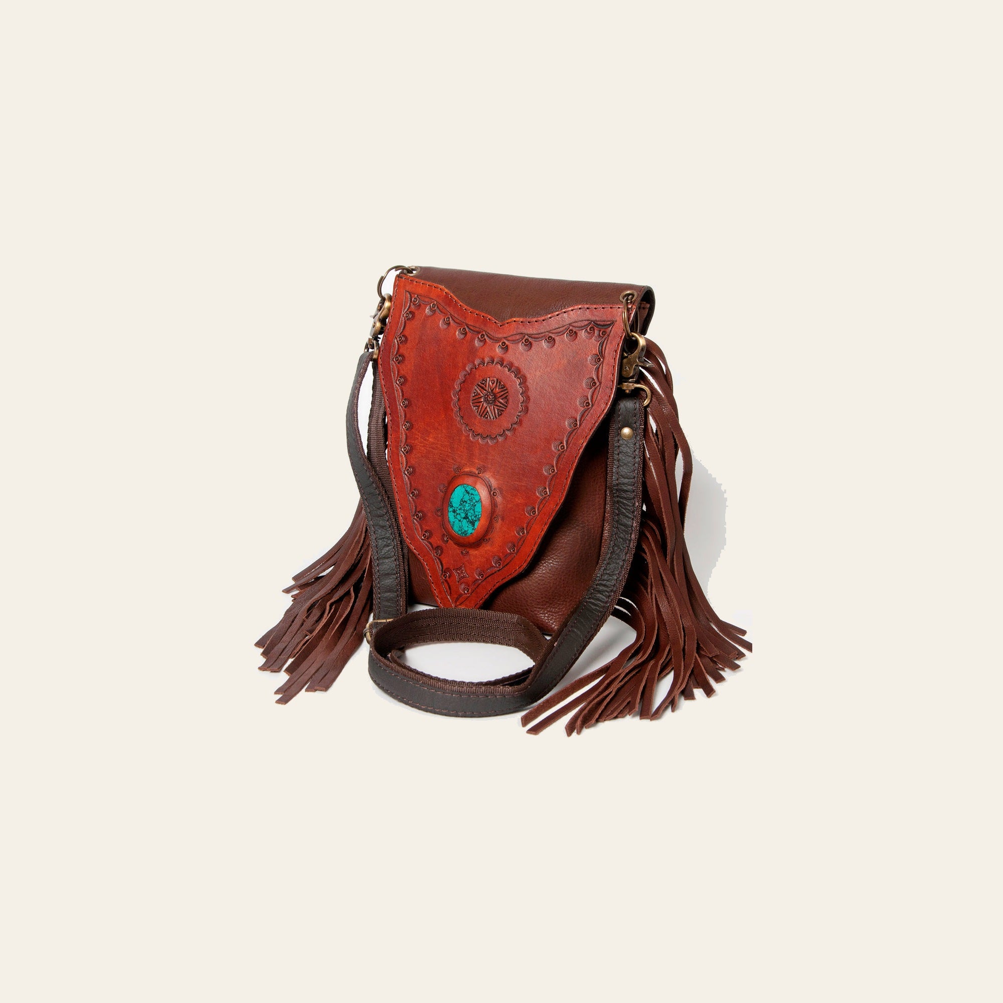 American Darling Messenger Bag Hand Tooled Leather with Fringes and Turquoise Stone Genuine Vegetable Tanned Leather 11in x 9in