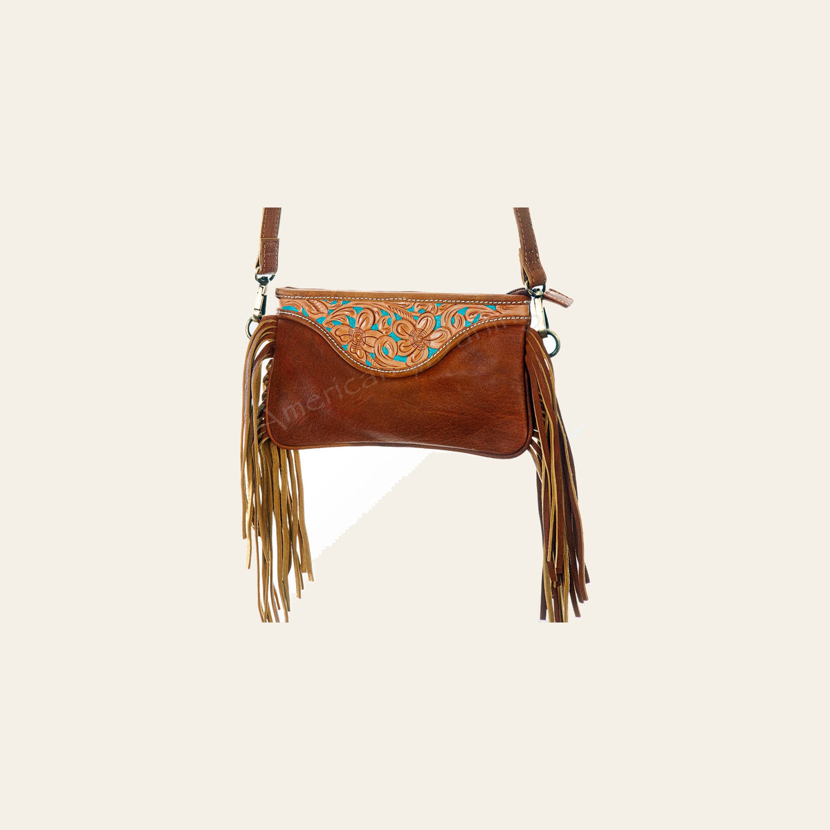 American Darling Small Cross body Bag Hand Tooled Floral Carved Fringes Genuine Vegetable Tanned Leather 5in x 8in