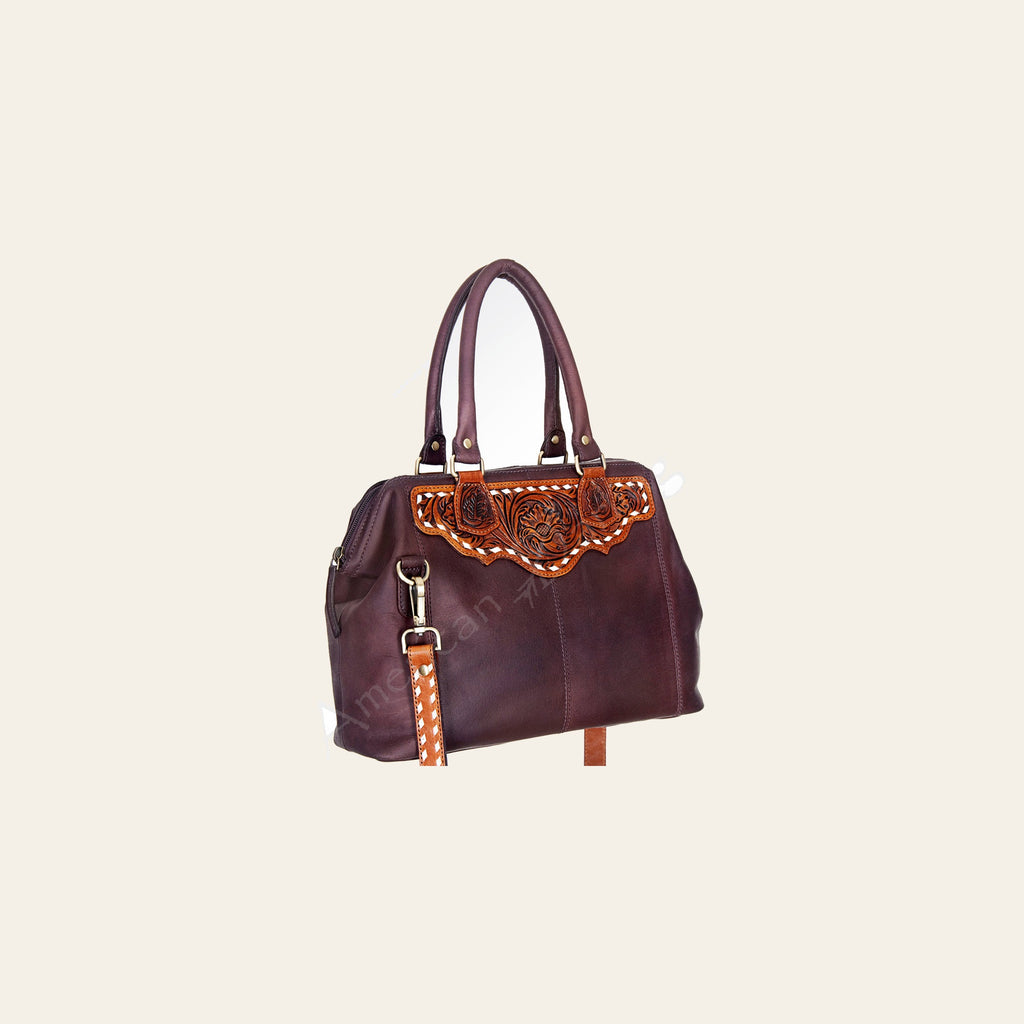 American Darling Hand-Tooled Leather Tote Bag, Floral Carved Western Purse, Buck Stitched, 10in (H) X 13in (W) X 4in (D)