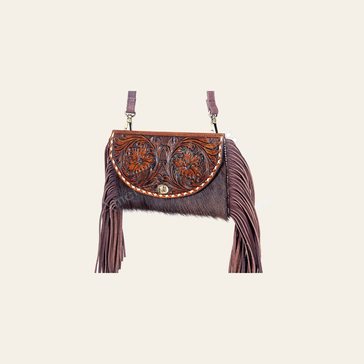 American Darling Small Cross body Bag, Hand-Tooled Floral Leather Western Purse with Fringes & Cowhide, 5in (H) X 10in (W)
