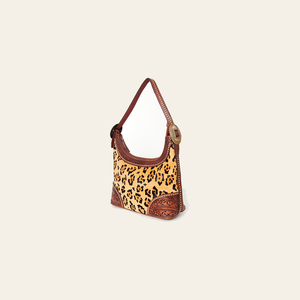 American Darling Hobo Bag, Hand-Tooled Floral Western Leather Purse with Hair-On Cowhide, 9in (H) X 15in (W) X 5in (D)