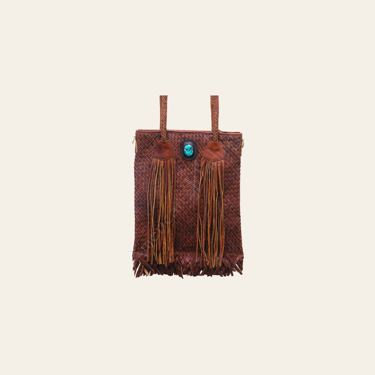American Darling Tote Bag Basket Weave Leather Turquoise Stone Fringed Western Handbag 14in x 12.5in