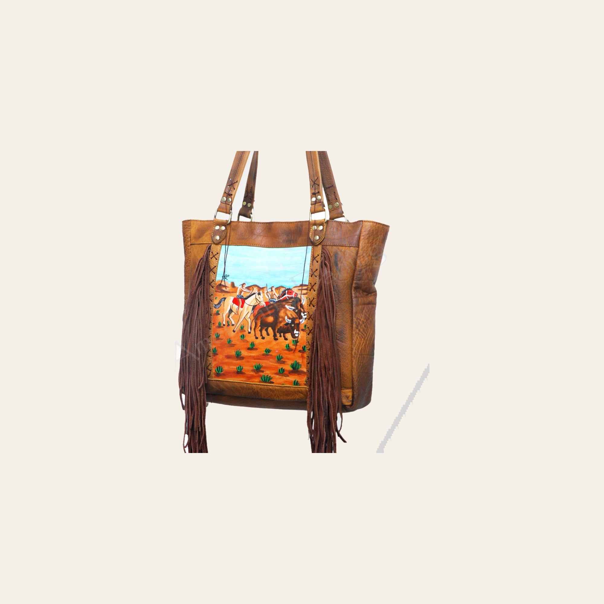 American Darling Hand Painted Western Leather Tote Bag for Women, Fringed Vegetable-Tanned Full Grain Leather, 13in (H) X 4in (W) X 14in (D)