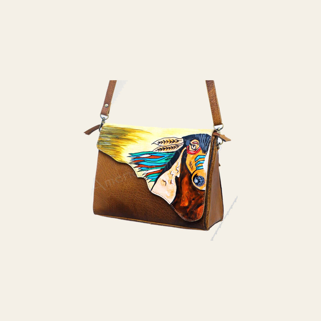 American Darling Cross body Bag, Hand Painted Western Horse Art, Genuine Full Grain Leather Purse, 7in X 4.5in X 12in