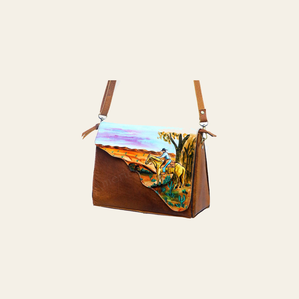 American Darling Cross body Bag, Hand Painted Western Horse Art, Genuine Full Grain Leather Purse, 7in X 4.5in X 12in