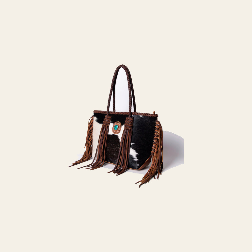 American Darling Tote Bag Western Hair-On Cowhide Genuine Leather Handcrafted Purse with Fringes and Braided Straps