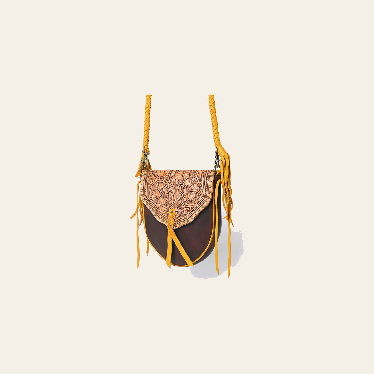 American Darling Cross body Bag Western Hand Tooled Floral Carved Genuine Leather Purse with Fringes and Braided Detail