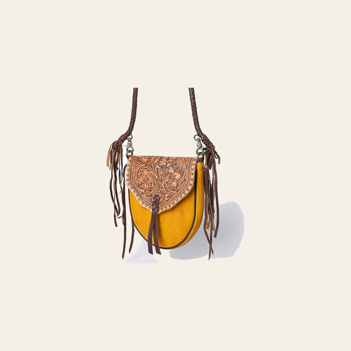 American Darling Cross body Bag Western Hand Tooled Floral Carved Genuine Leather Purse with Fringes and Braided Detail