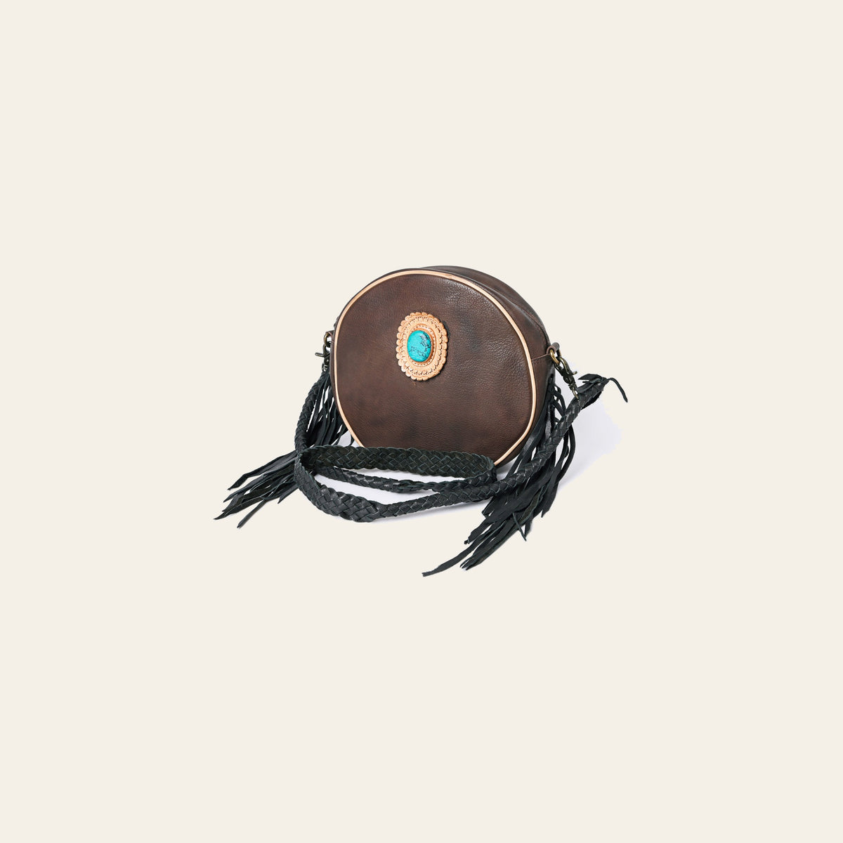 American Darling Canteen Bag Western Genuine Leather Handcrafted Round Purse with Fringes and Turquoise Stone