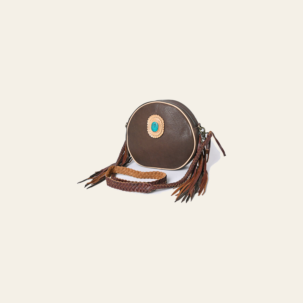 American Darling Canteen Bag Western Genuine Leather Handcrafted Round Purse with Fringes and Turquoise Stone
