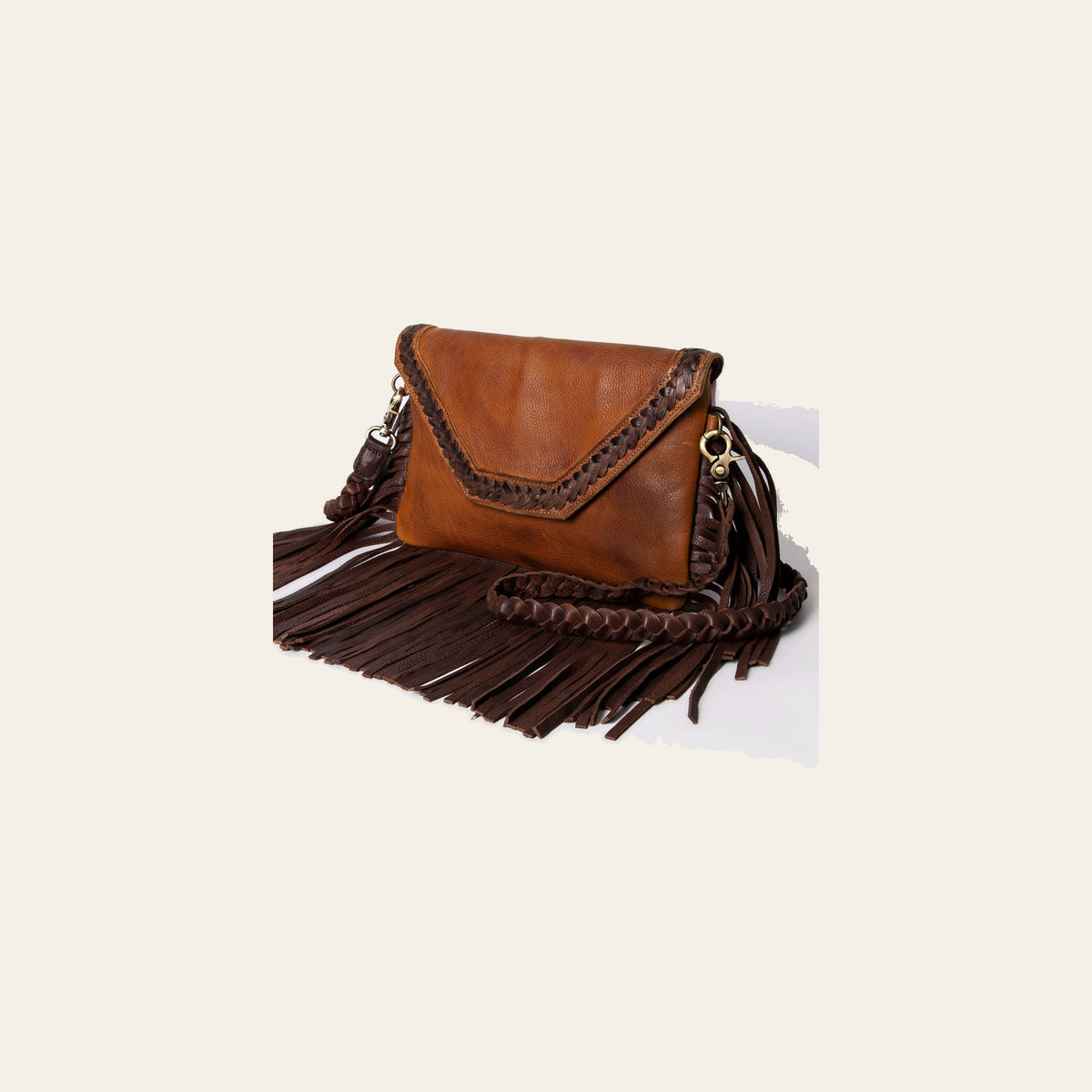 American Darling Envelope Western Genuine Leather Handcrafted Purse with Fringes and Braided Detail