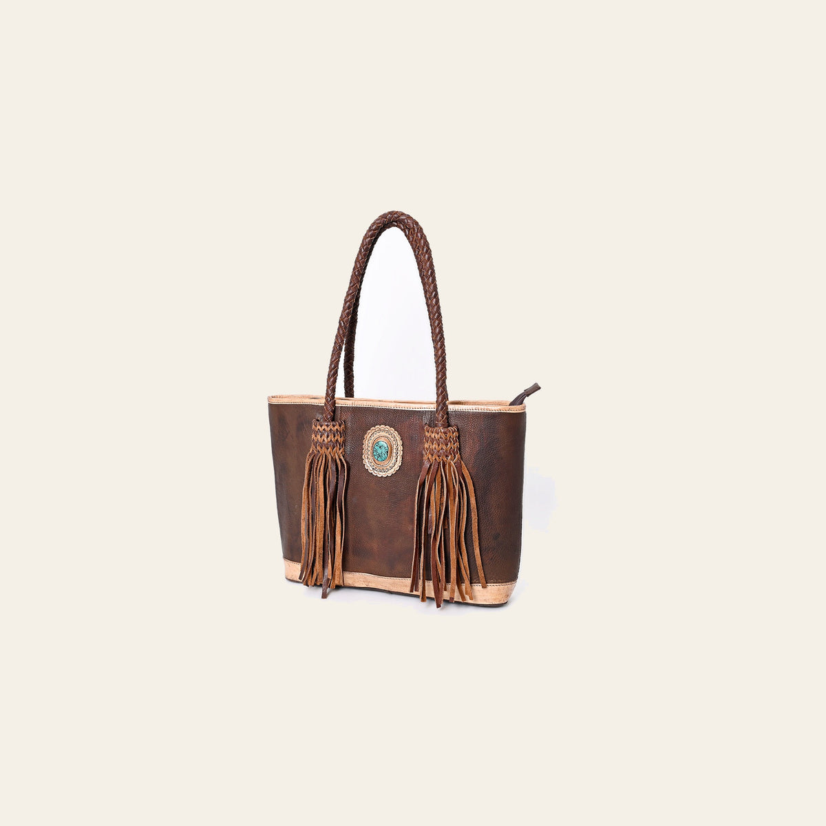 American Darling Tote Bag Western Genuine Leather Handcrafted Large Purse with Fringes, Turquoise & Braided Detail