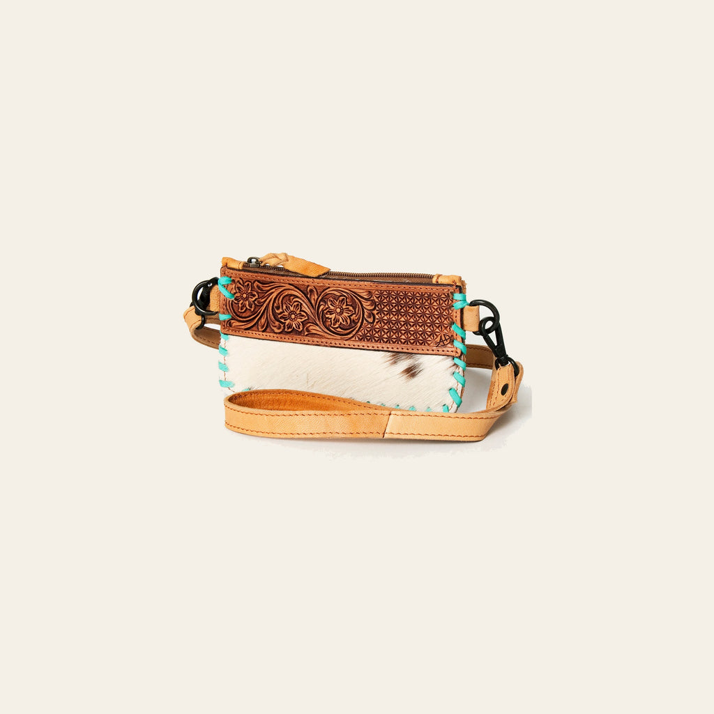 Ameran Darling Women's Wristlet Bag Western Hand Tooled Hair On Genuine Leather Handbag and Ladies Purse