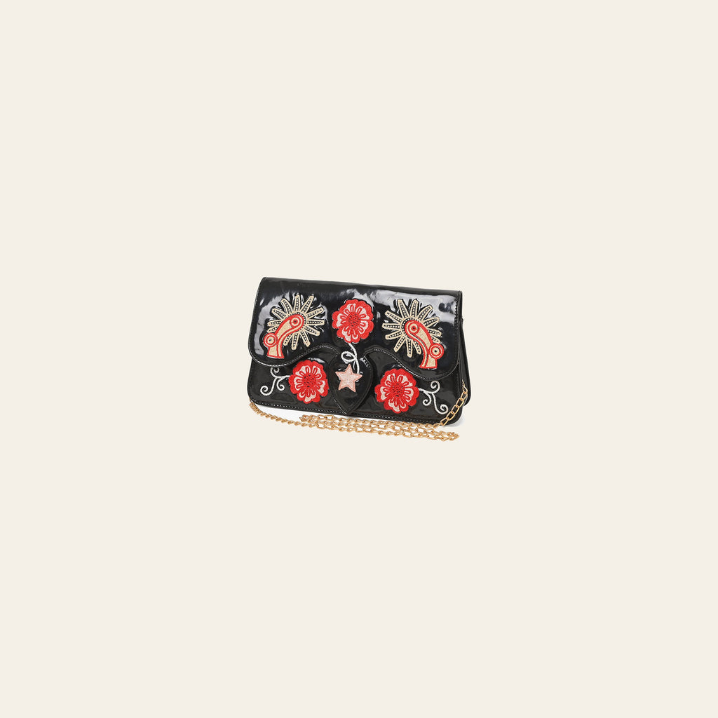 American Darling Black Genuine Leather Western Crossbody Clutch with Embroidered Cowboy Boots Floral Design Gold Chain Strap