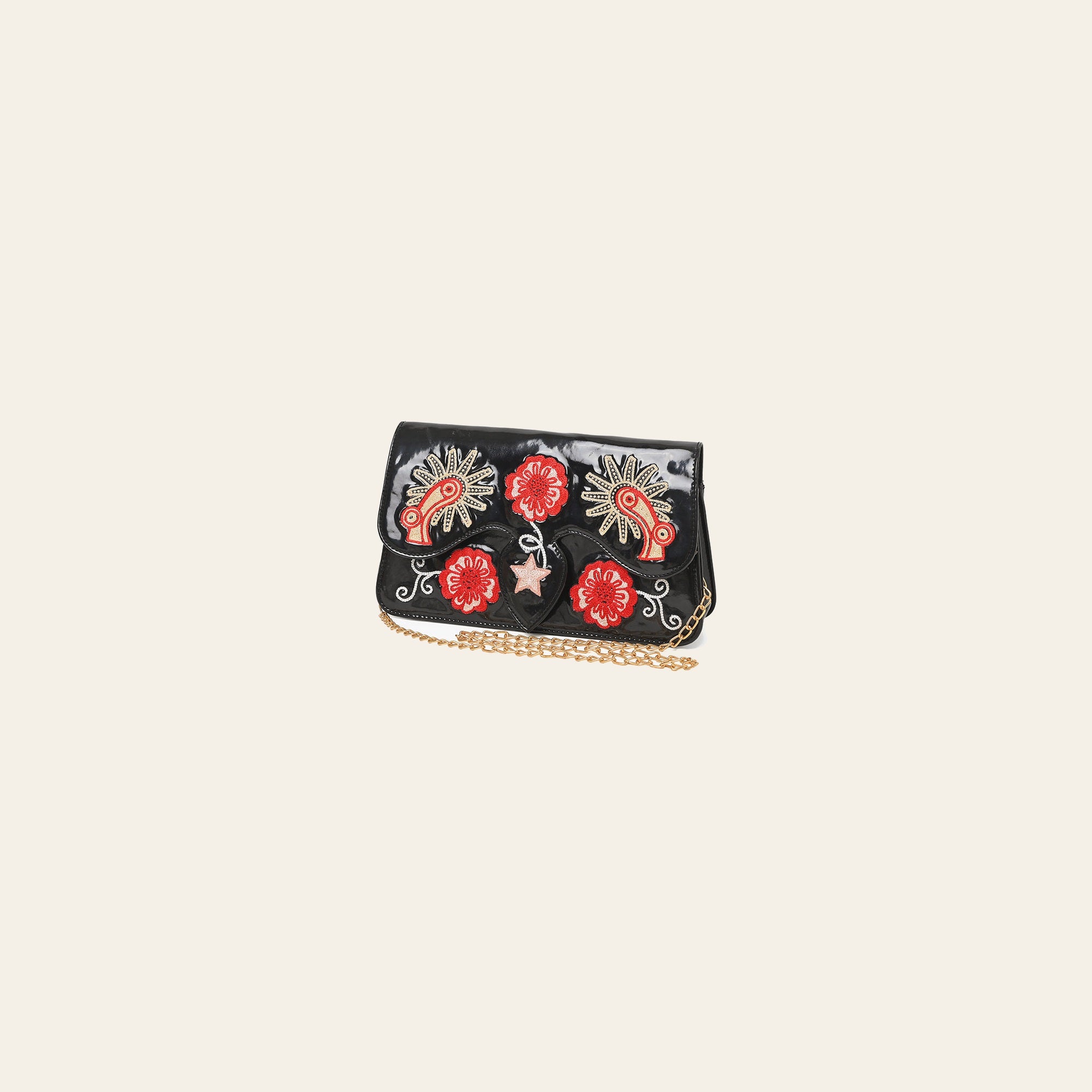 American Darling Black Genuine Leather Western Crossbody Clutch with Embroidered Cowboy Boots Floral Design Gold Chain Strap
