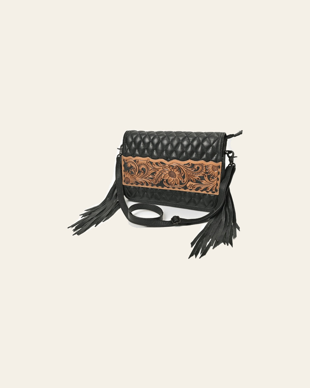 American Darling Black Leather Quilted Hand Tooled Fringe Crossbody Bag