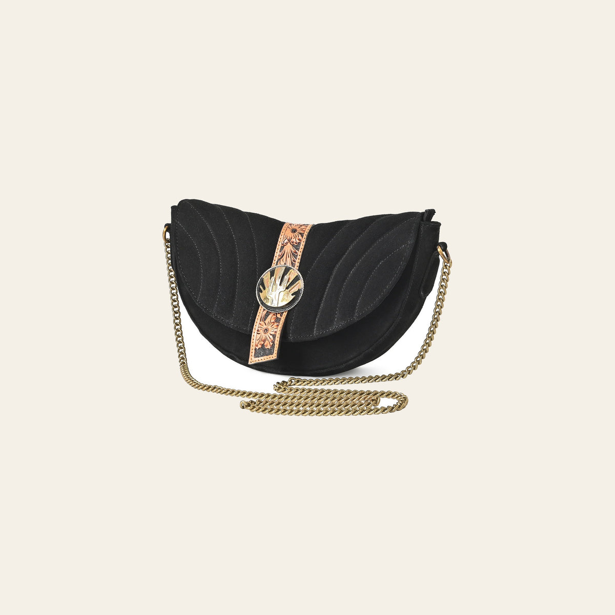 American Darling Cross body Bag for Women, Premium Suede Leather with Hand Tooled Floral Trim, Western Concho & Chain Strap
