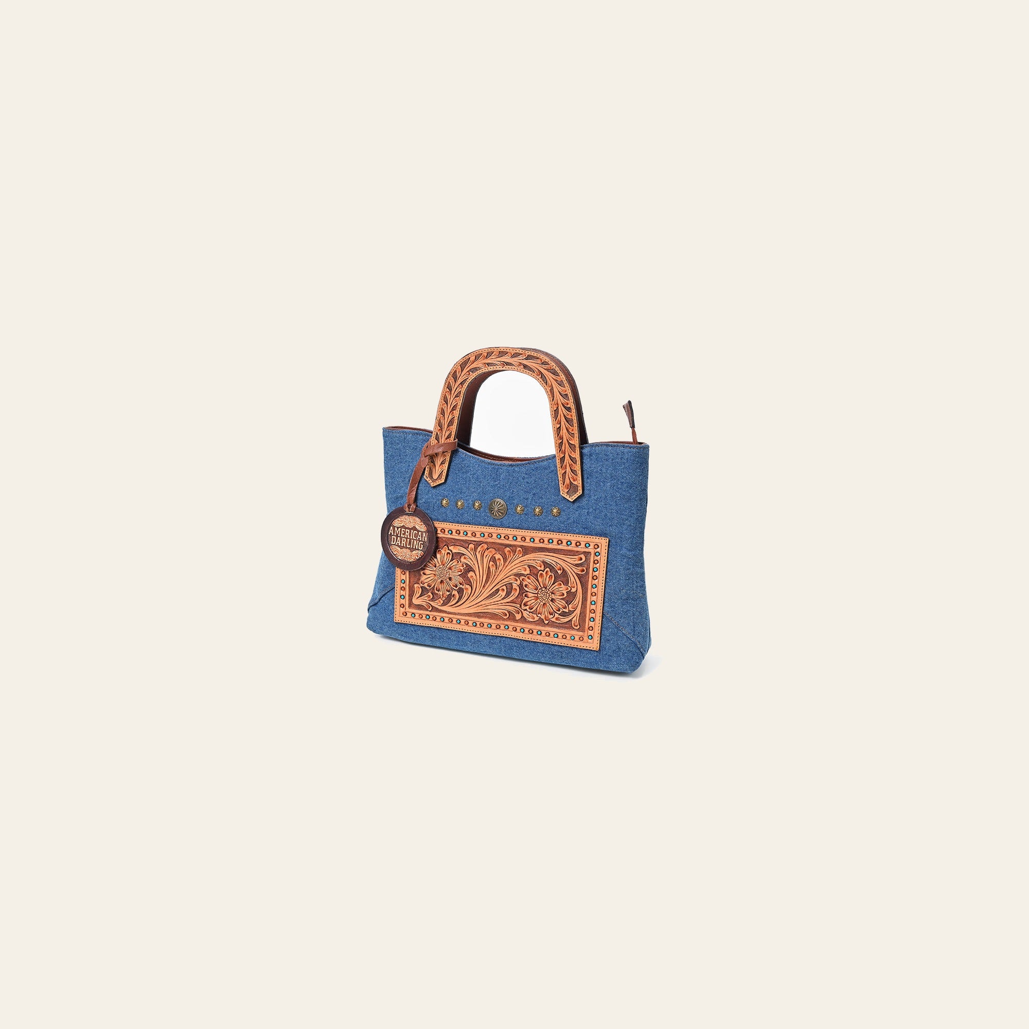 American Darling Blue Denim & Tooled Leather Western Handbag with Turquoise Studs
