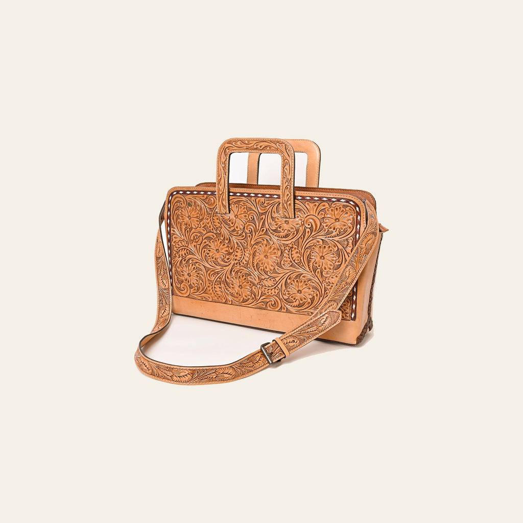American Darling Hand-Tooled Genuine Leather Briefcase Bag – Floral Carved Western Handbag with Handles & Strap for Everyday Carry