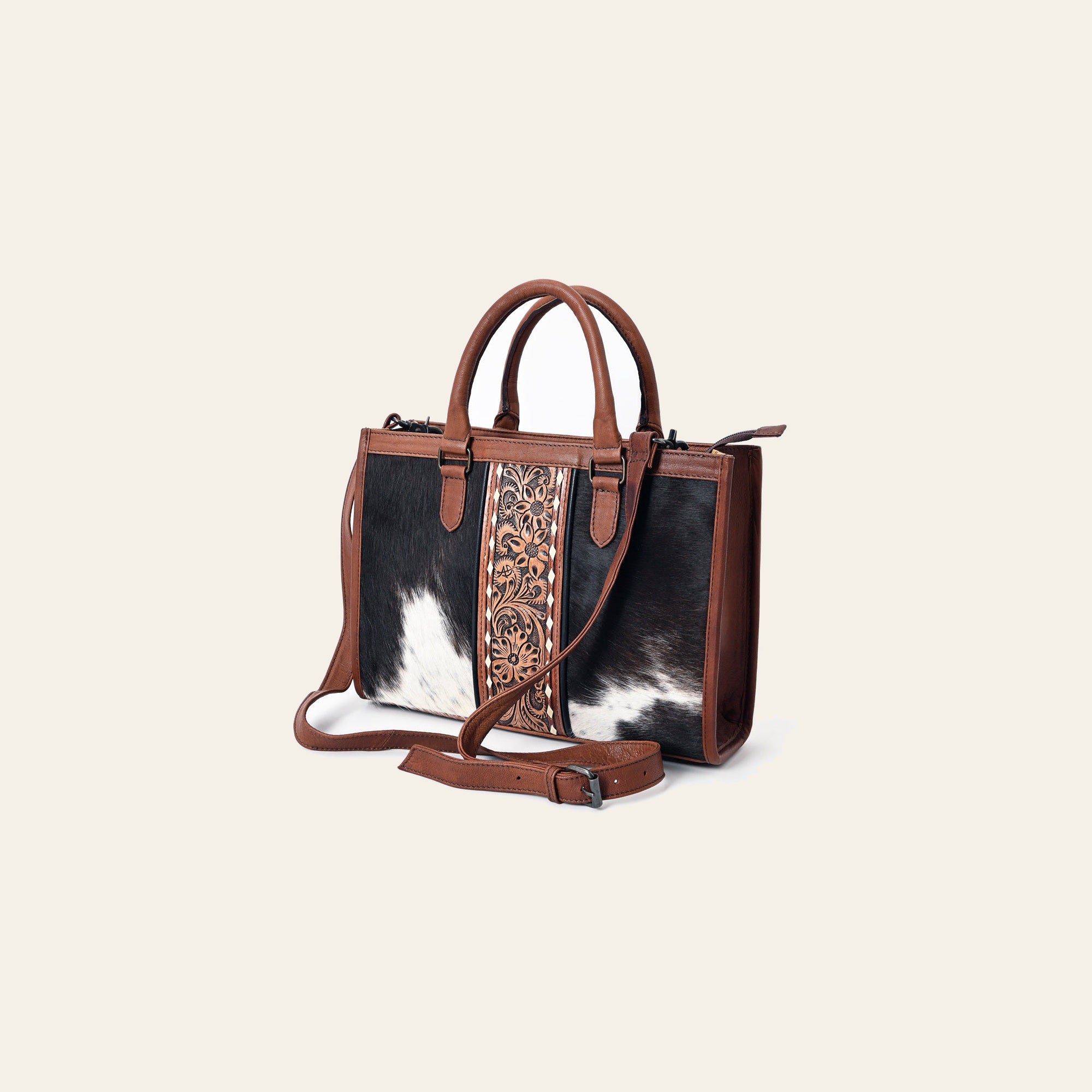 American Darling Hair-on Cowhide Tote Bag – Genuine Leather Western Purse with Hand-Tooled Floral Panel, Dual Handles, and Adjustable Strap