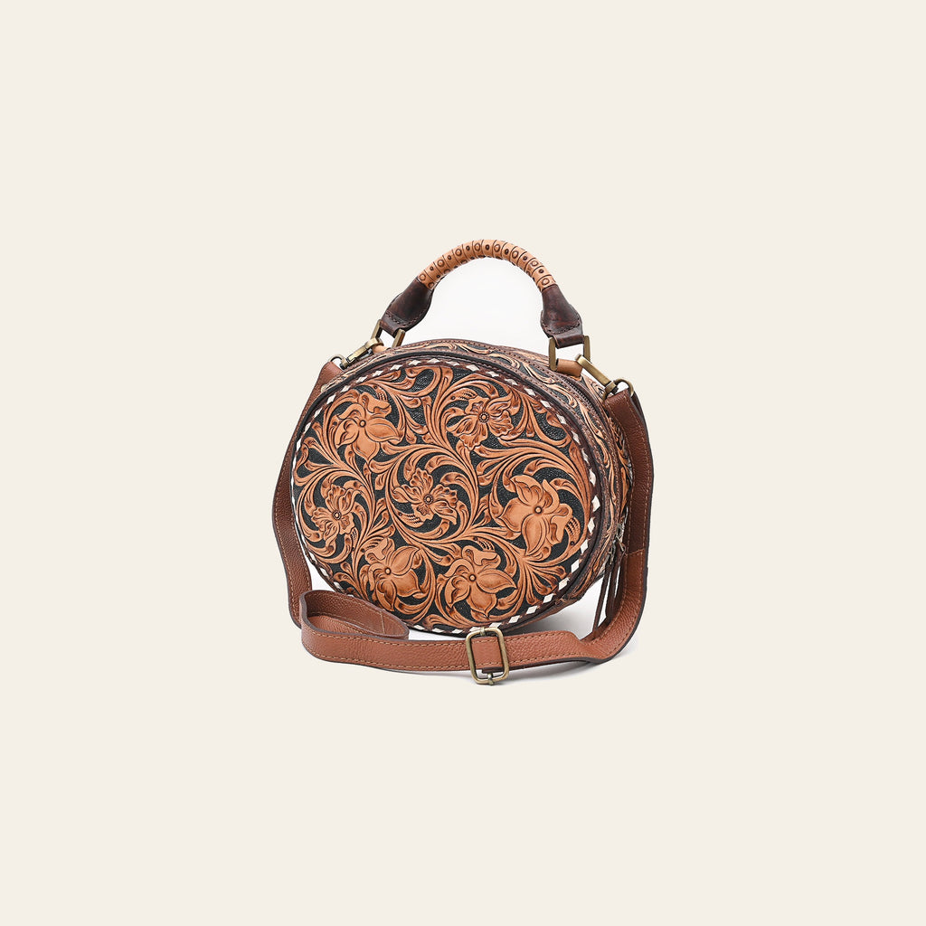 American Darling Canteen Bag Western Hand Tooled Floral Genuine Leather Purse with Buck Stitched Detail and YKK Zipper