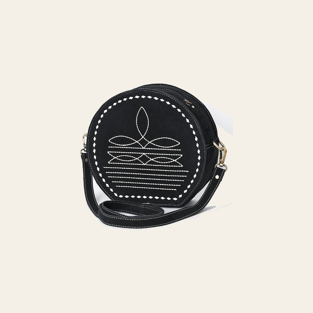 American Darling Genuine Suede Leather Canteen Bag Boot Stitched Embroidery Western Crossbody Round Purse